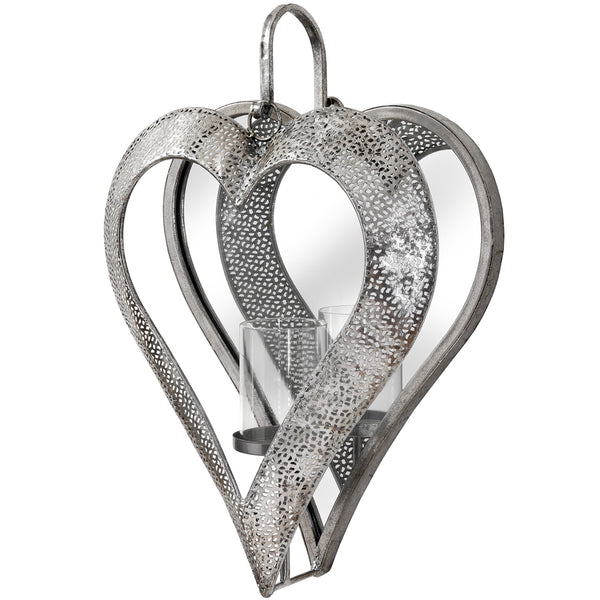 Large Silver Mirrored Heart Candle Holder