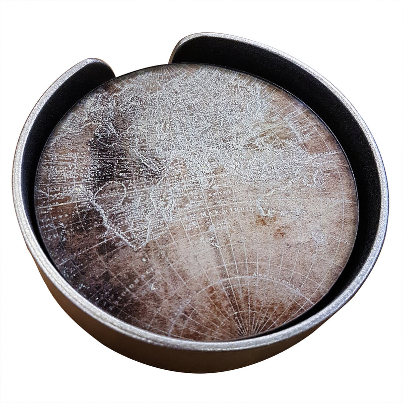 Set of 4 Atlas Coasters & Holder