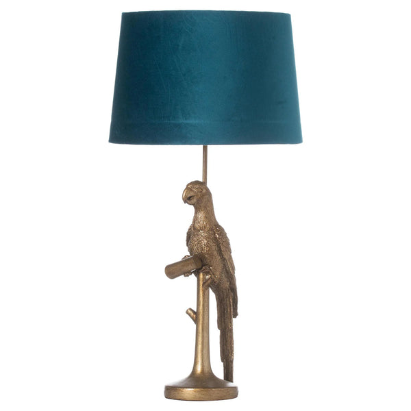 Gold Parrot Table Lamp with Teal Velvet Shade