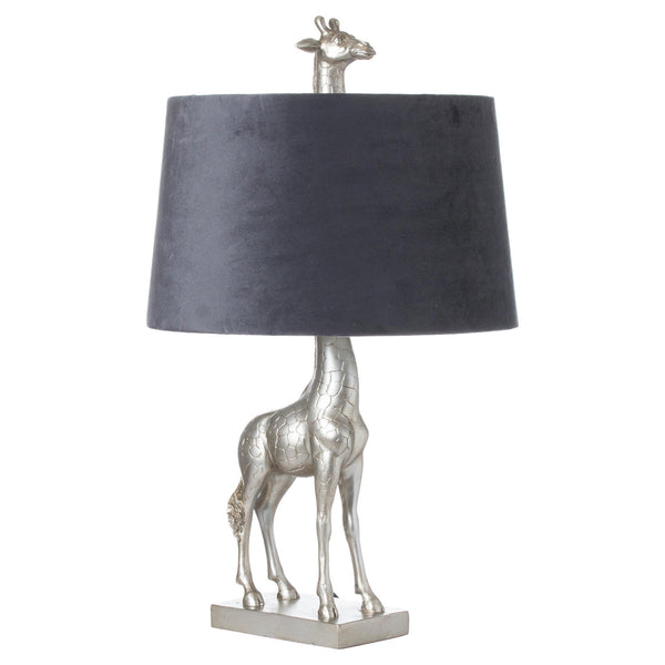 Silver Giraffe Table Lamp with Grey Velvet Shade