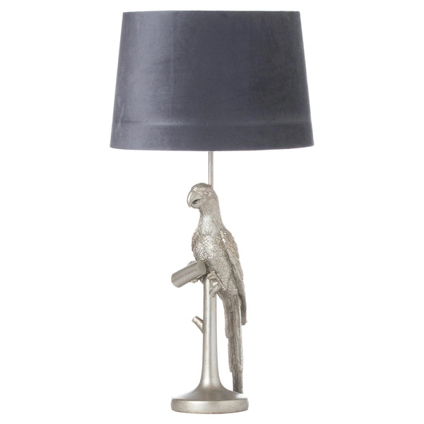 Silver Parrot Table Lamp with Grey Velvet Shade