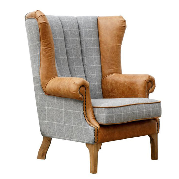 Cambridge Fluted Wing Armchair -  Grey with Leather Arms