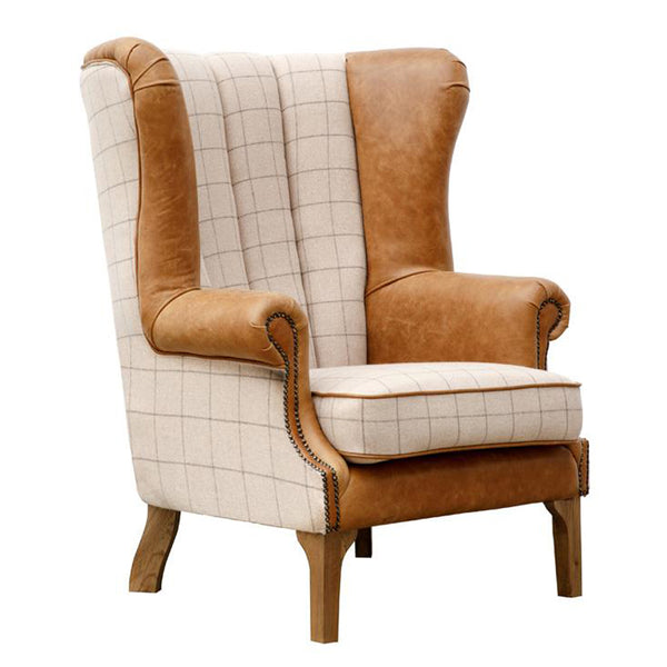 Cambridge Fluted Wing Arm Chair -  Beige with Leather Arms