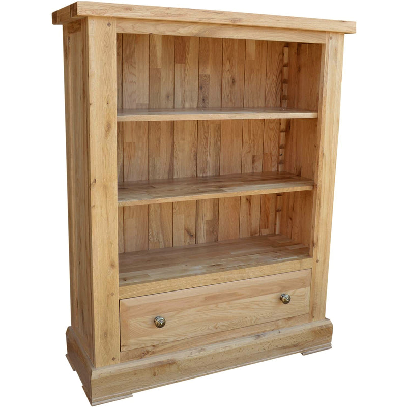 French Oak Low Wide Bookcase with Drawer